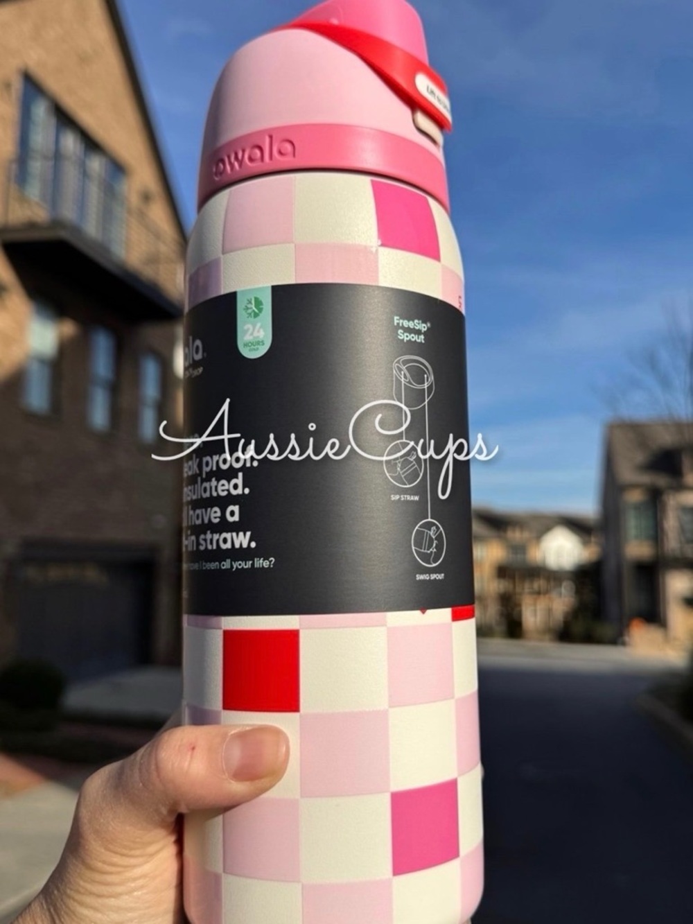 Owala Check Me Out 32 oz ColorDrop FreeSip Bottle - Pink,White & Red Checkers